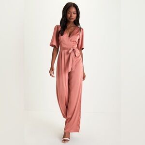 Fabulous Class Rusty Rose Satin Short Sleeve Wide-Leg Jumpsuit